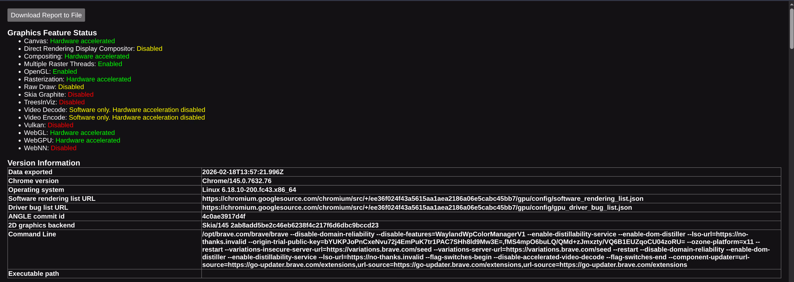 brave://gpu - Video Decode disabled, software only