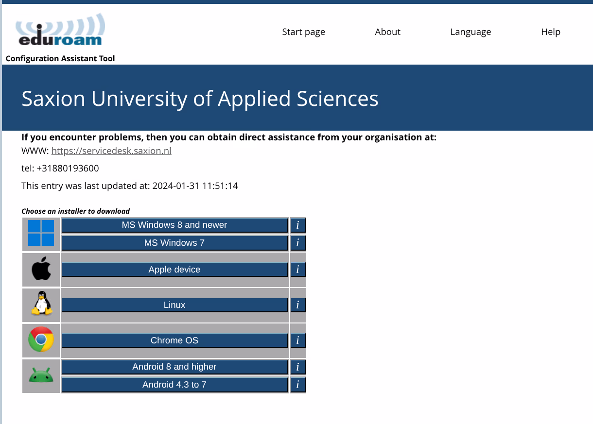 cat.eduroam.org portal for Saxion, entry last updated 2024-01-31