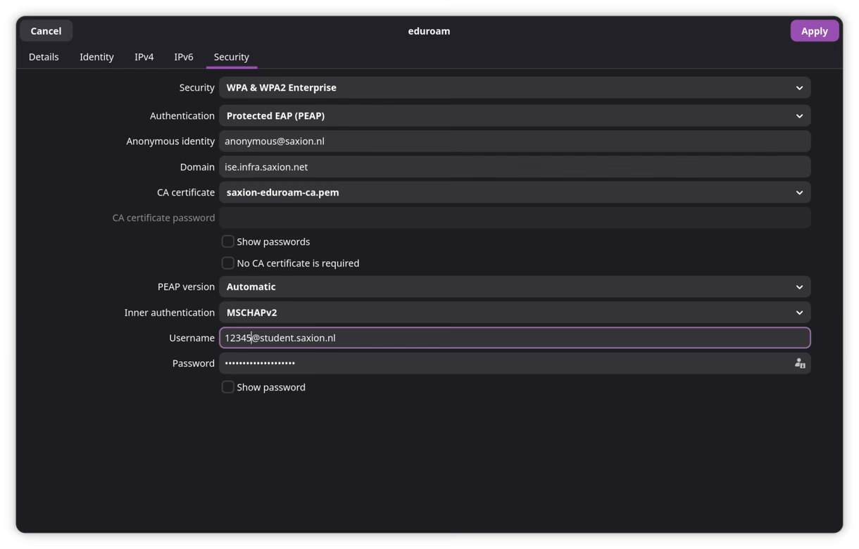 GNOME Settings eduroam Security tab