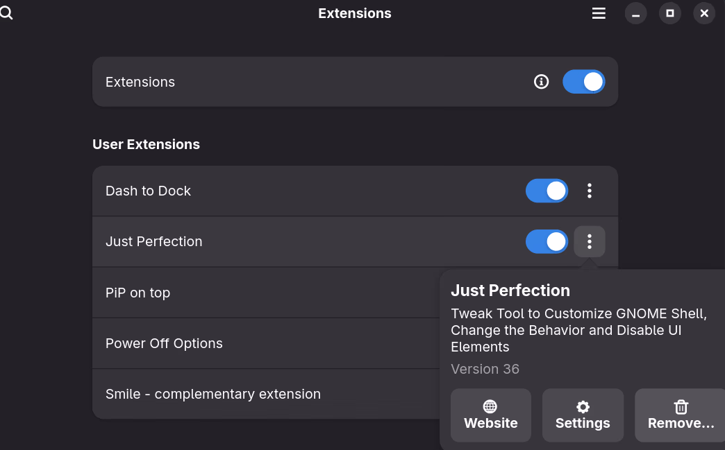 Just Perfection extension settings panel, Behavior tab