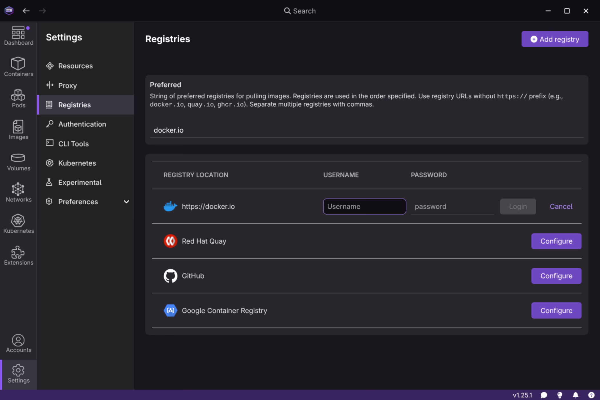 Podman Desktop Settings - Registries, Docker Hub login form