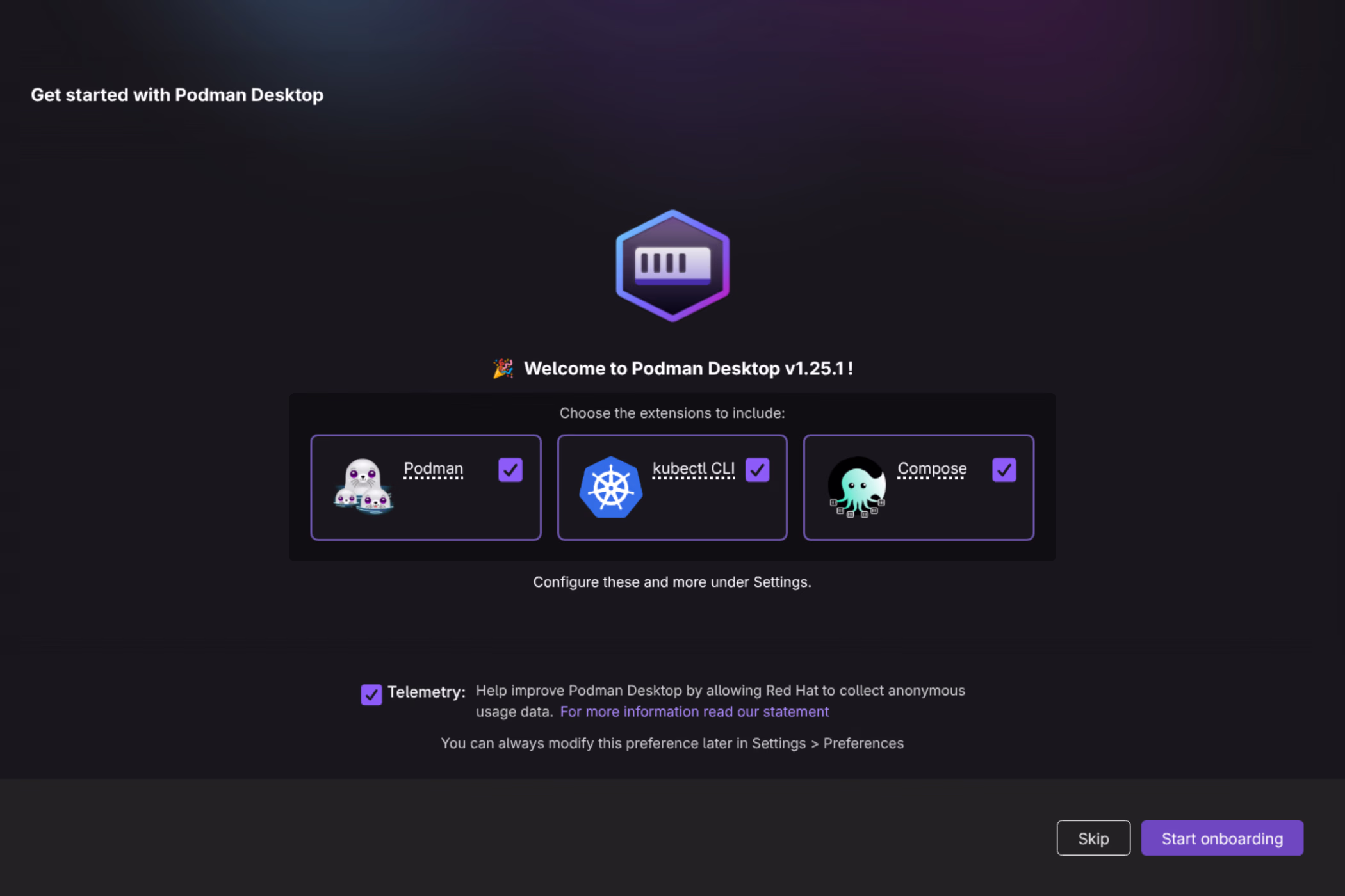 Podman Desktop welcome screen - v1.25.1 with Podman, kubectl, and Compose extensions
