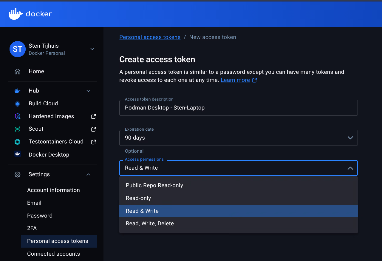 Docker Hub - creating a Personal Access Token for Podman Desktop