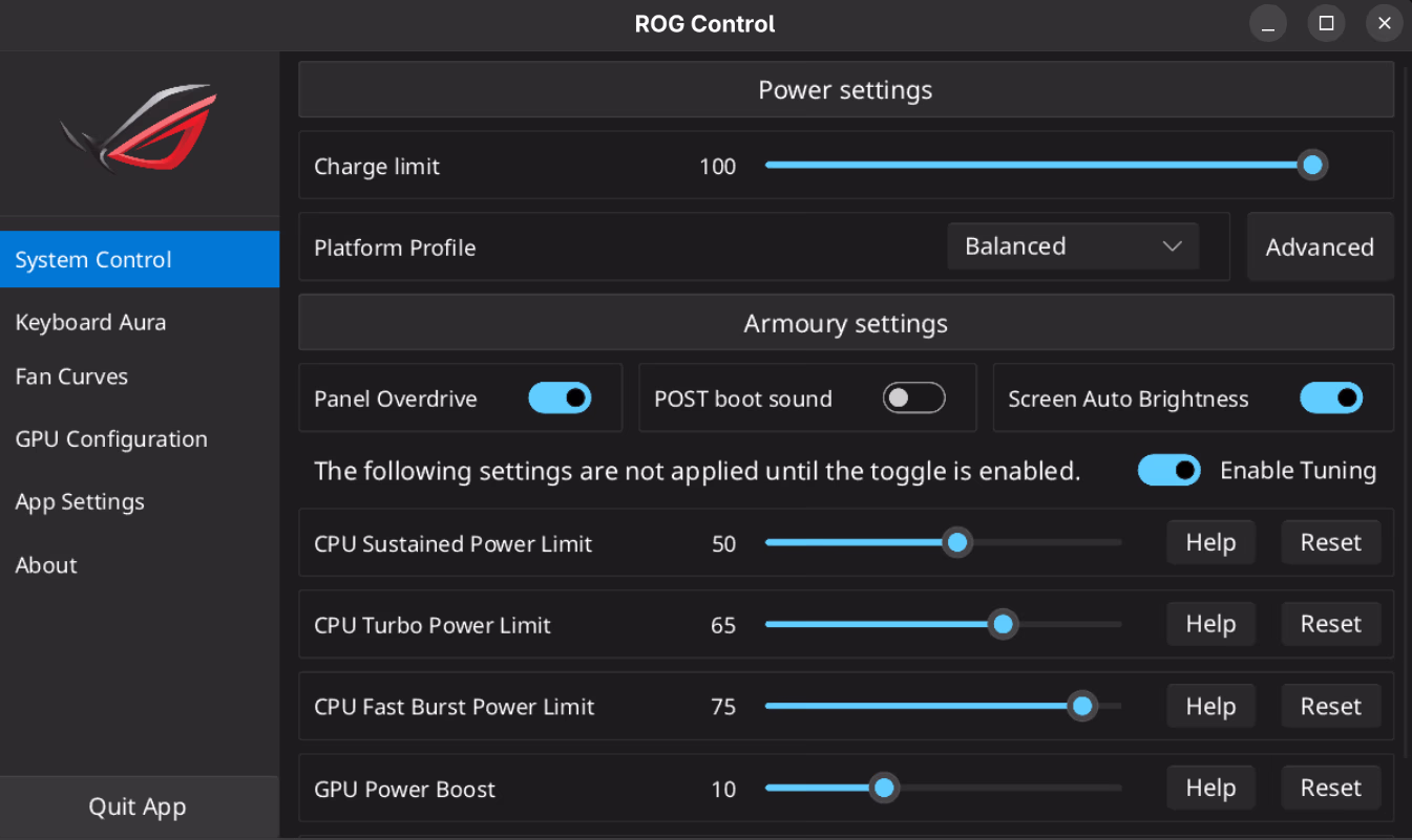 ROG Control System Control with Armoury settings and power limit tuning