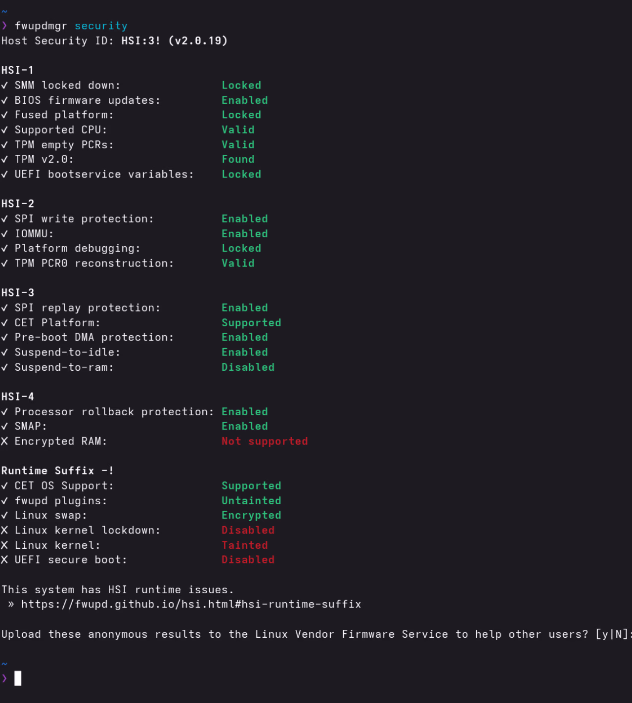 fwupdmgr security output showing HSI:3 with UEFI Secure Boot disabled