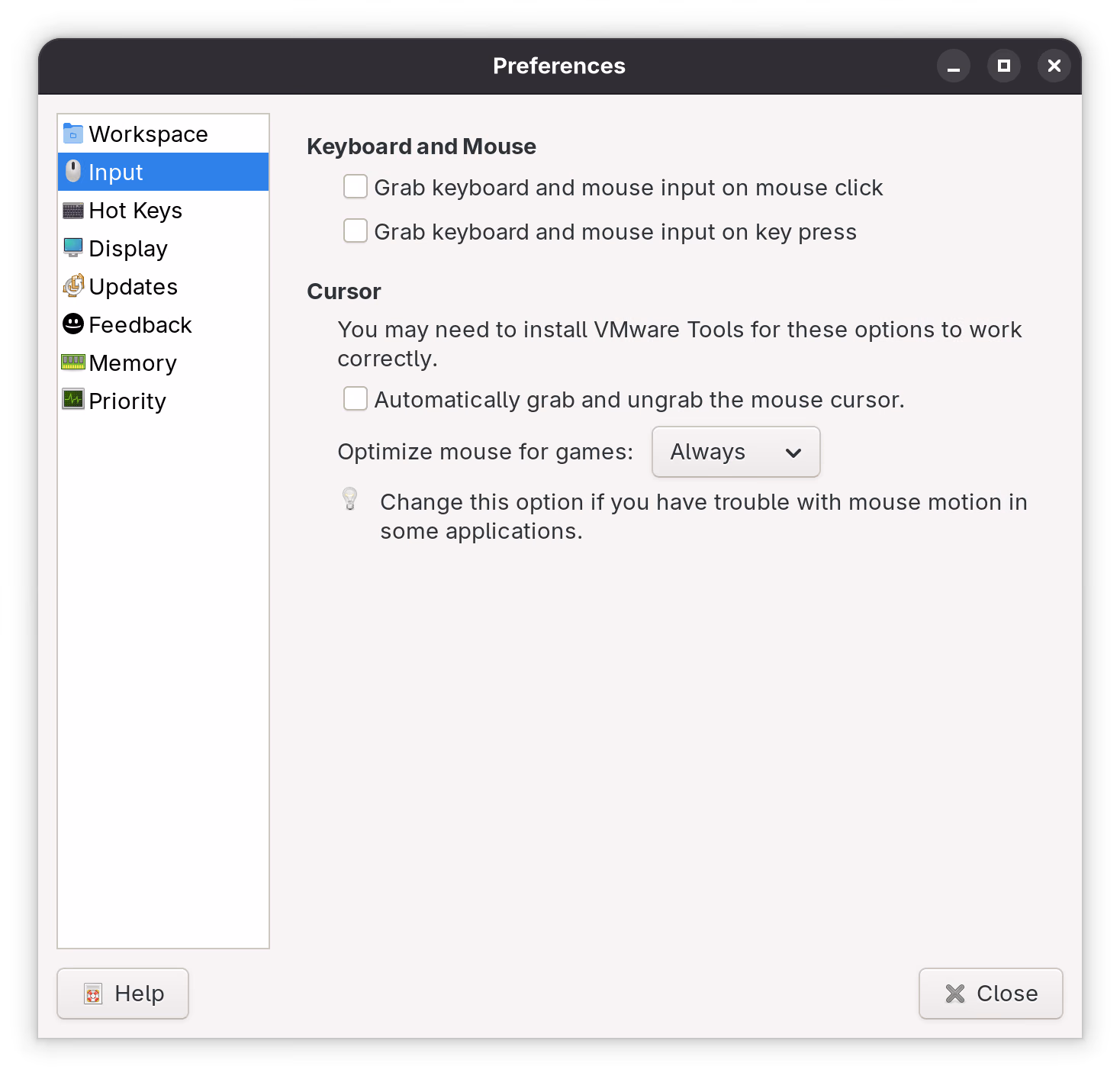 VMware Preferences - Input