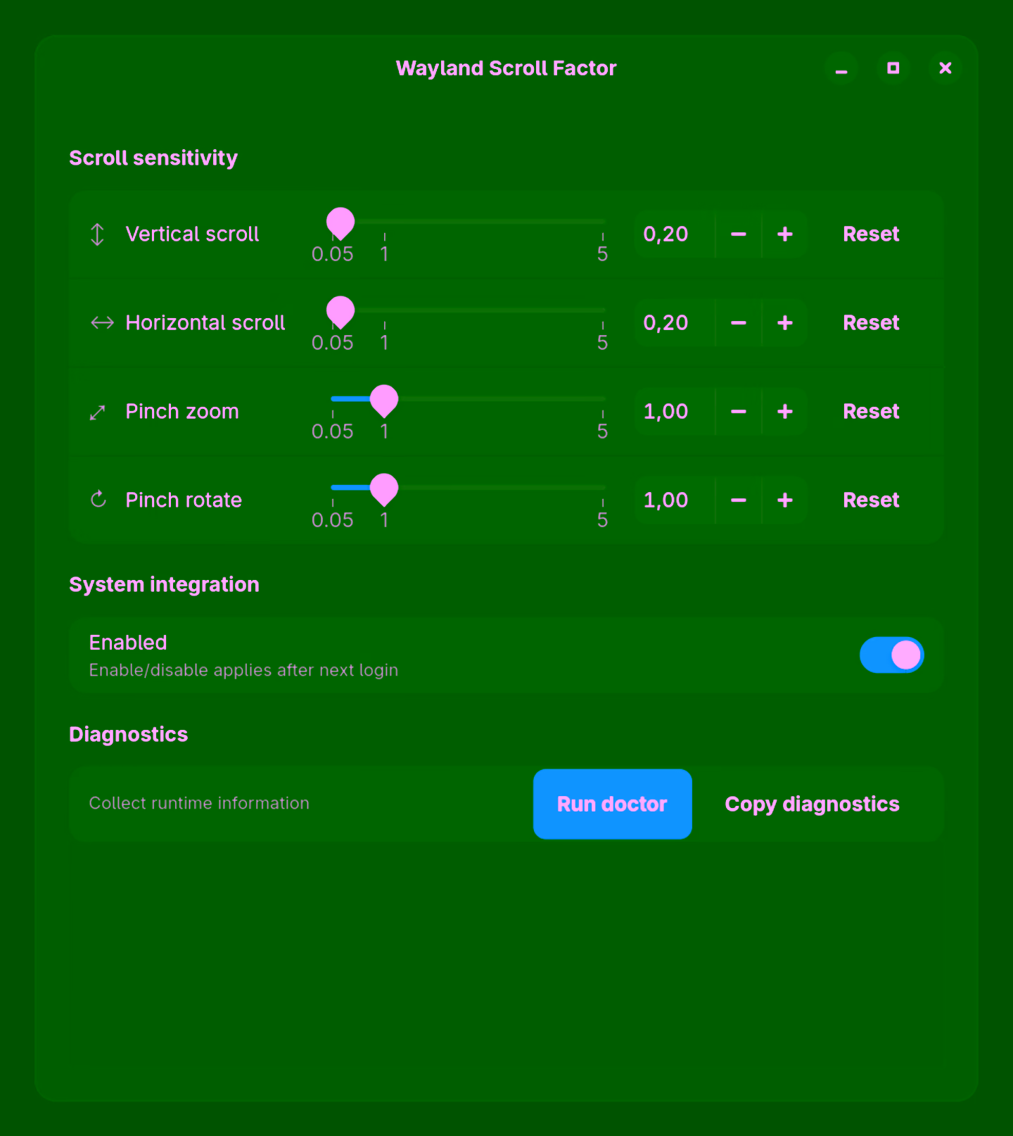 Wayland Scroll Factor GUI showing scroll sensitivity sliders