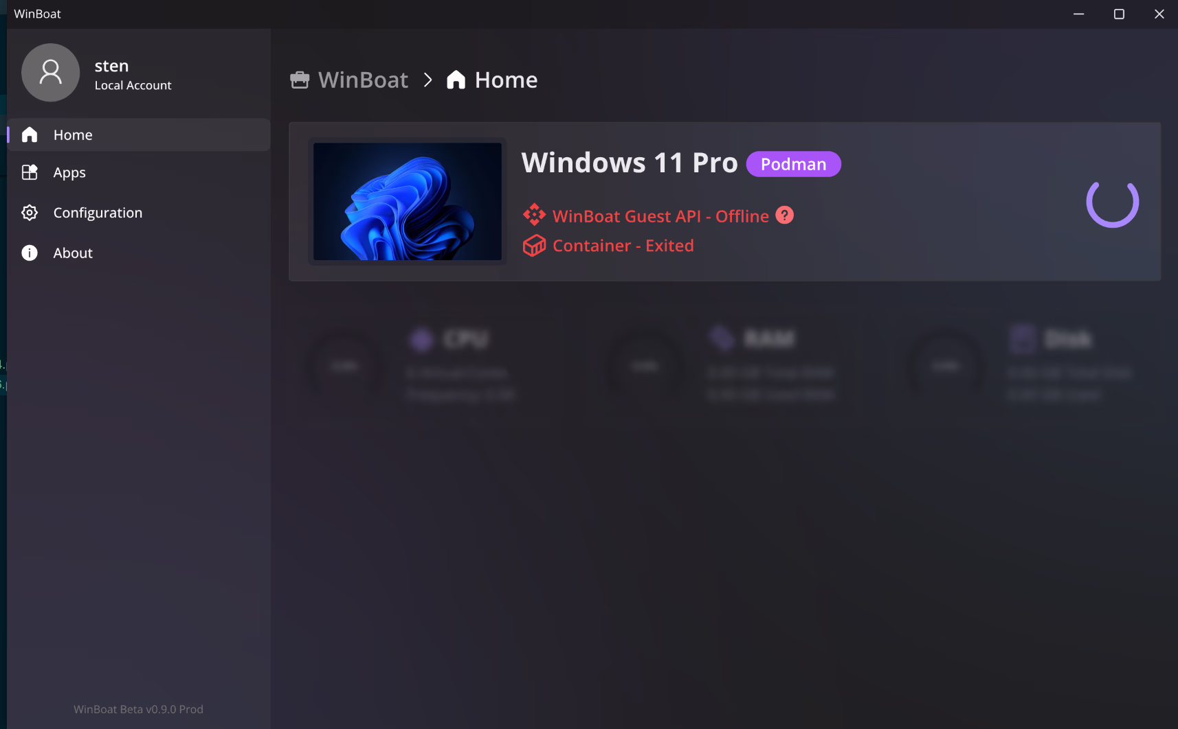 WinBoat app: home screen with container status